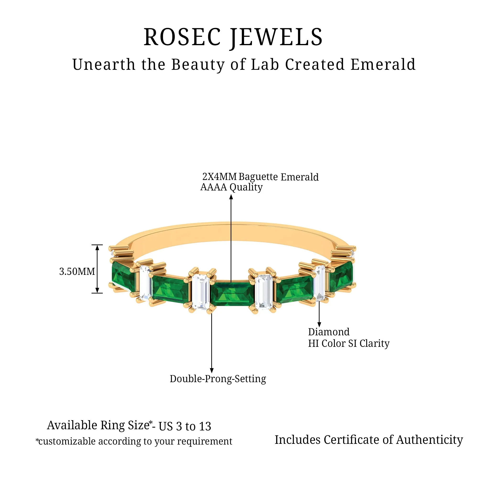 Baguette Cut Created Emerald and Diamond Half Eternity Ring