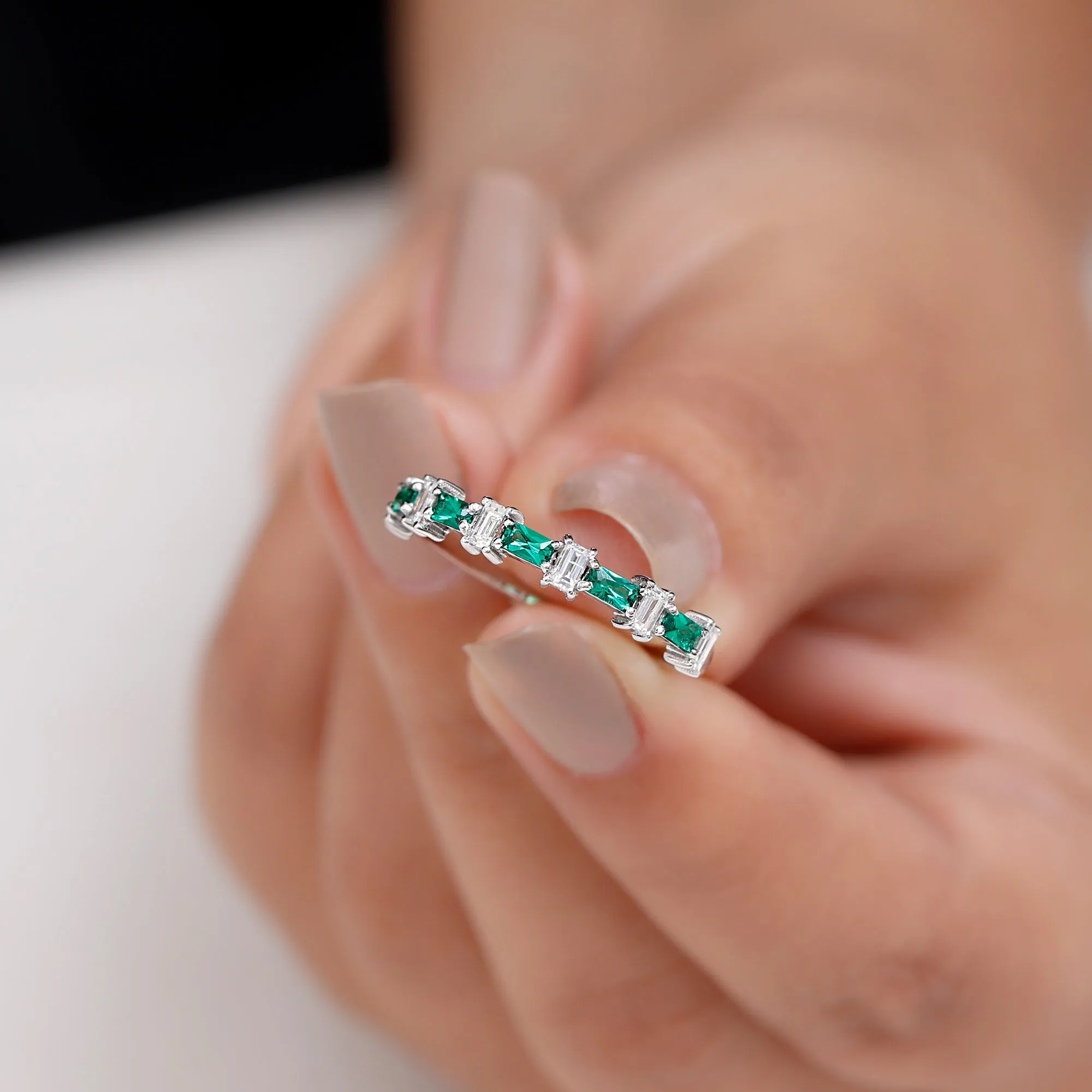 Baguette Cut Created Emerald and Diamond Half Eternity Ring