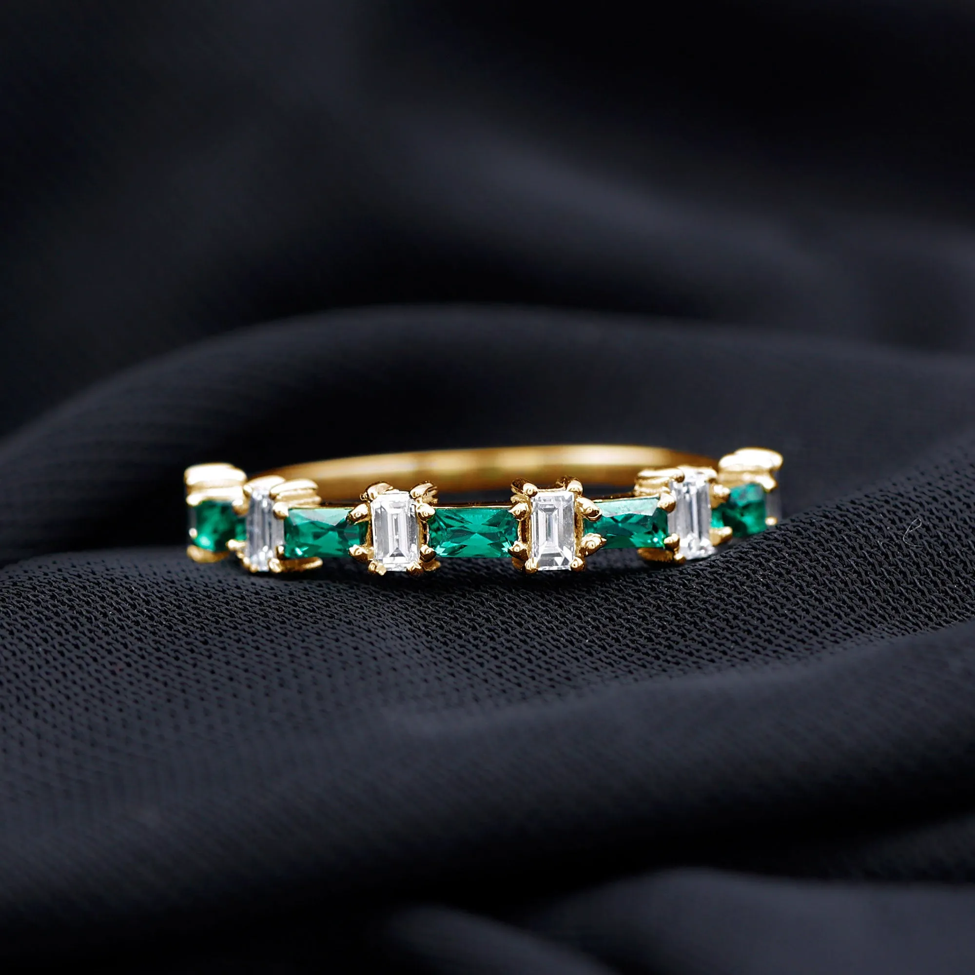 Baguette Cut Created Emerald and Diamond Half Eternity Ring