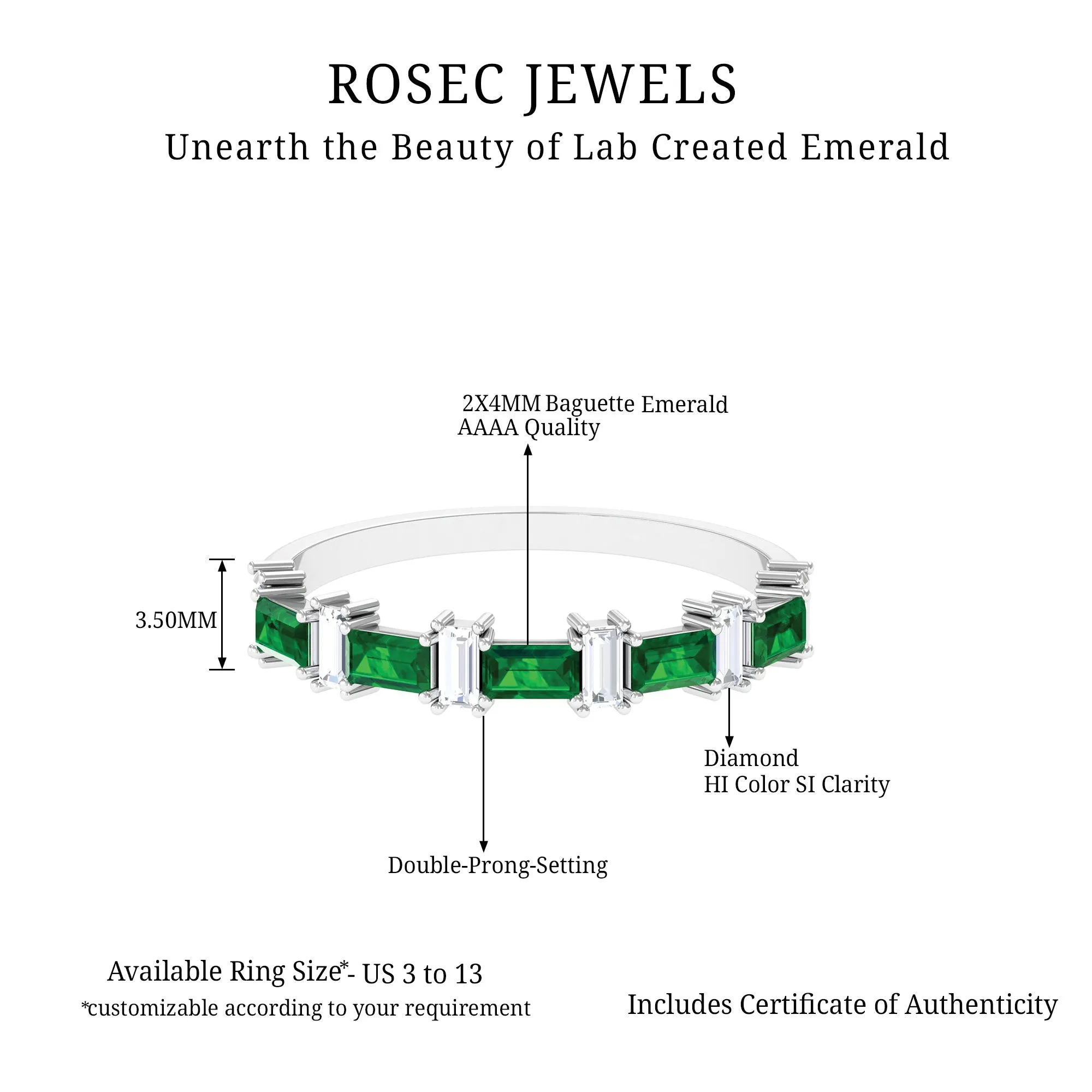 Baguette Cut Created Emerald and Diamond Half Eternity Ring