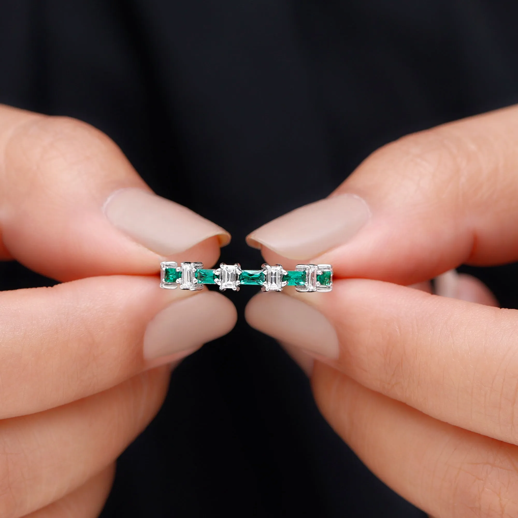 Baguette Cut Created Emerald and Diamond Half Eternity Ring