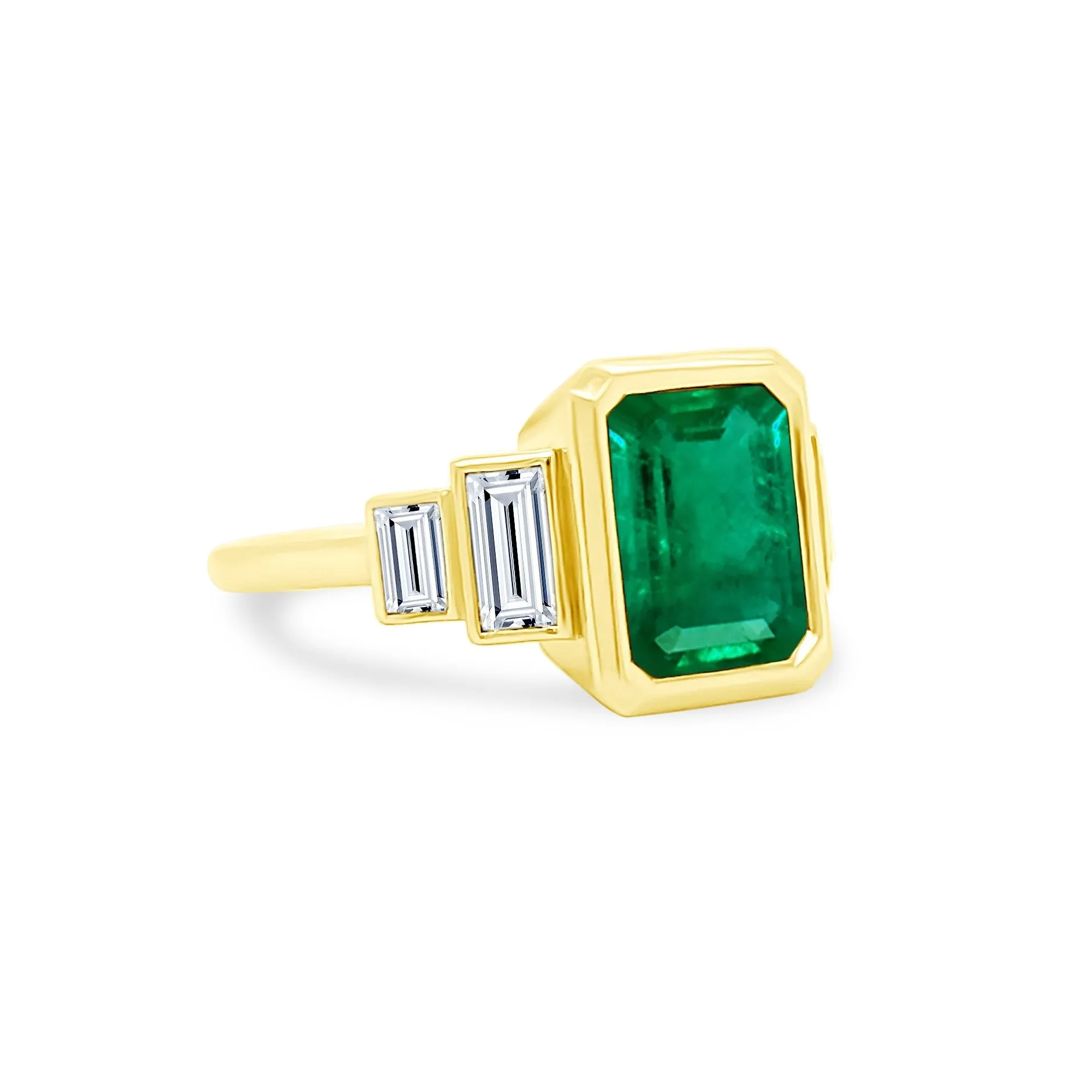 Bezel Set Emerald Cut Emerald with Double Baguette Cut Diamond Side Stones