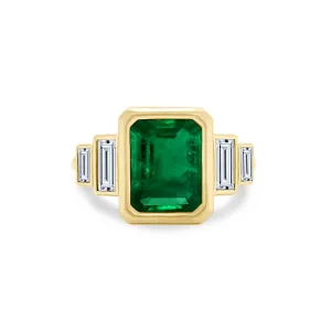 Bezel Set Emerald Cut Emerald with Double Baguette Cut Diamond Side Stones