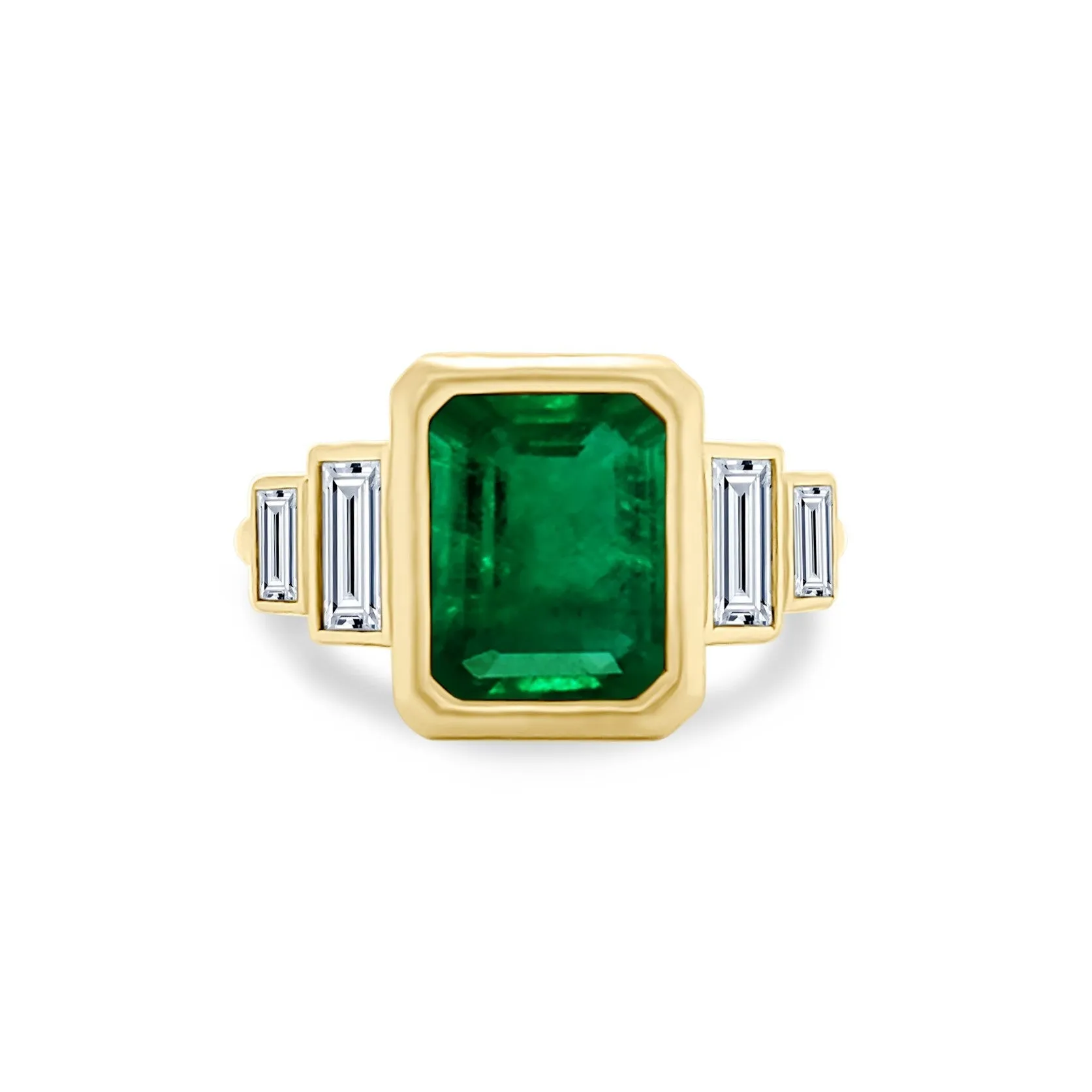 Bezel Set Emerald Cut Emerald with Double Baguette Cut Diamond Side Stones