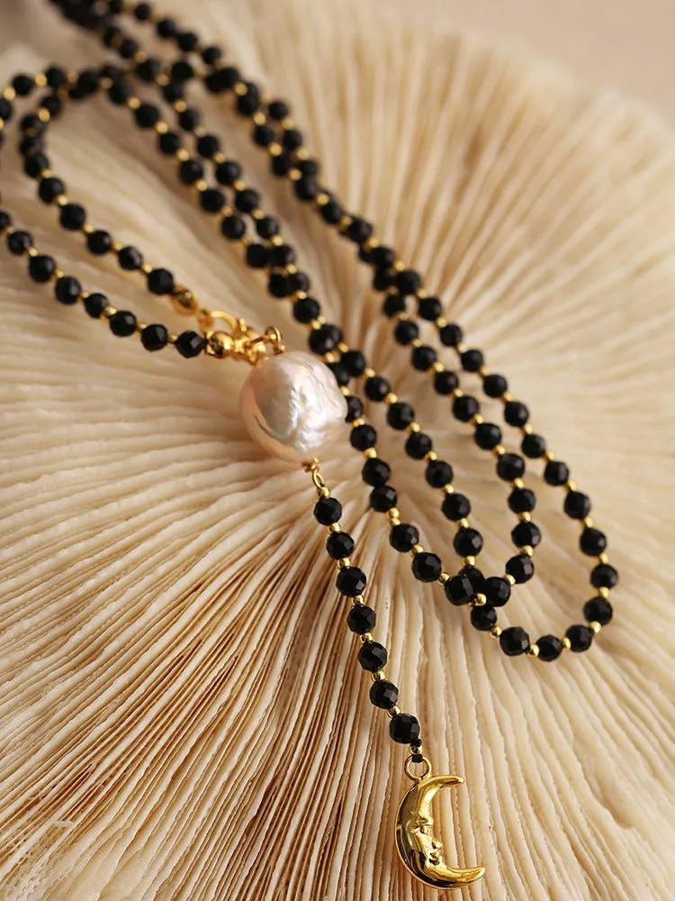 Black Agate Baroque Pearl  Long Necklace