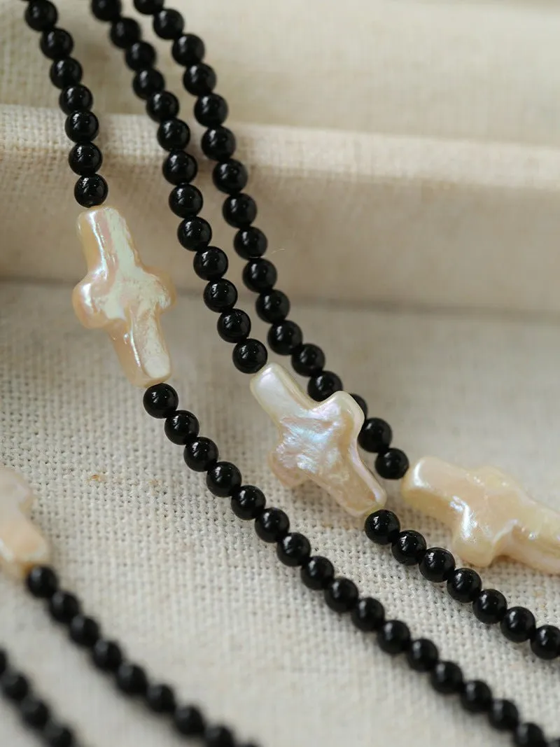 Black Agate Cross Baroque Pearl Long Beaded Necklace