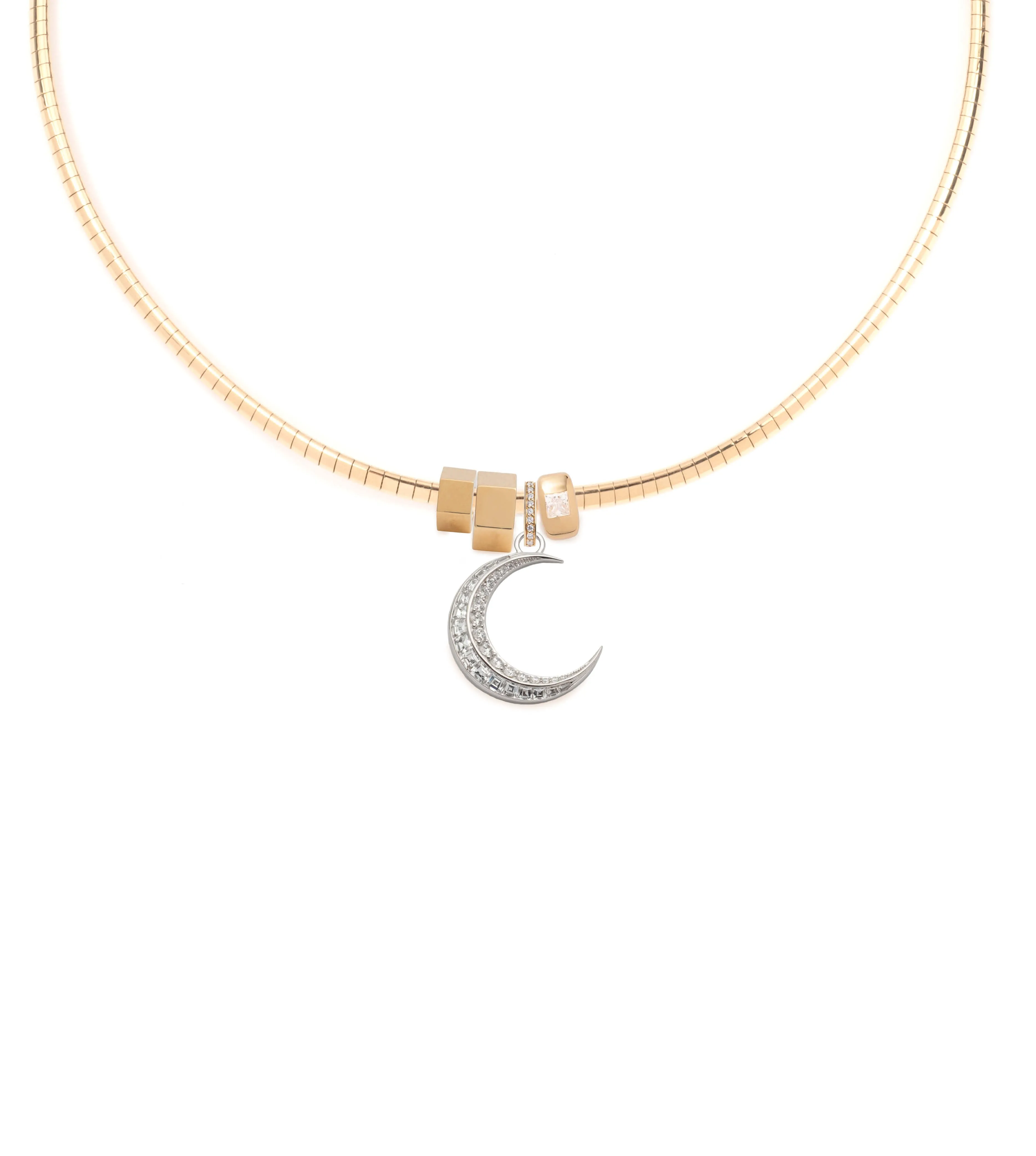 Crescent - Karma and Heart Beat : Diamond Gemstone Crescent Small Sleek Collar Necklace