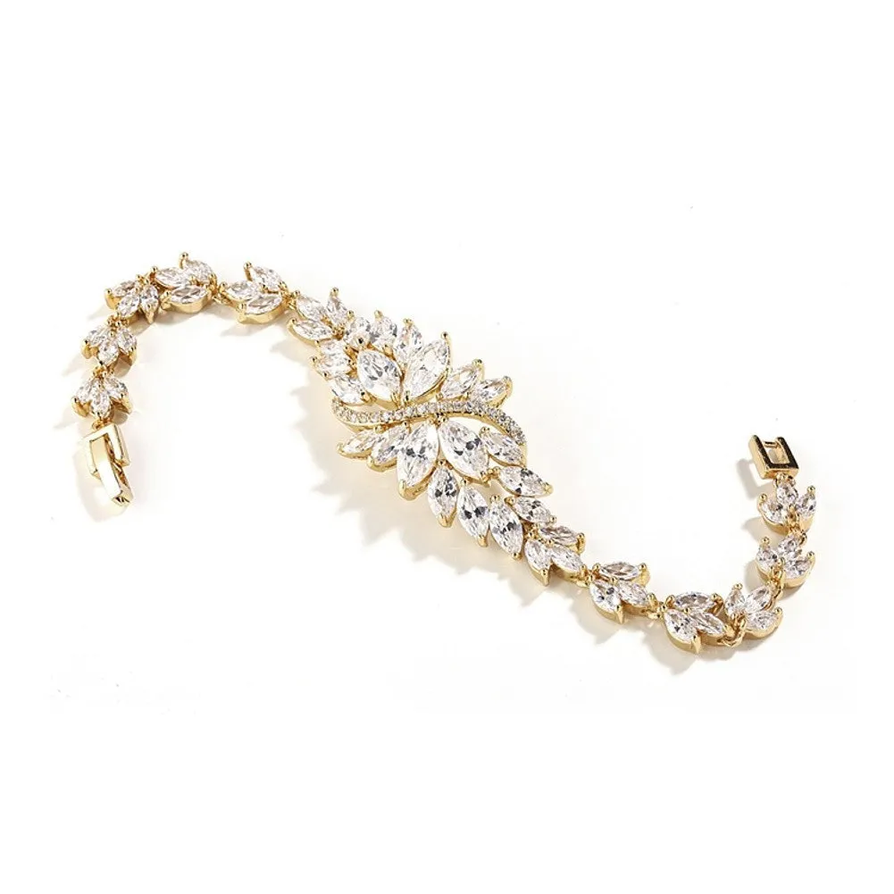 Cubic Zirconia Cluster Gold Bridal Bracelet with Dainty Marquis Stones