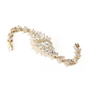 Cubic Zirconia Cluster Gold Bridal Bracelet with Dainty Marquis Stones