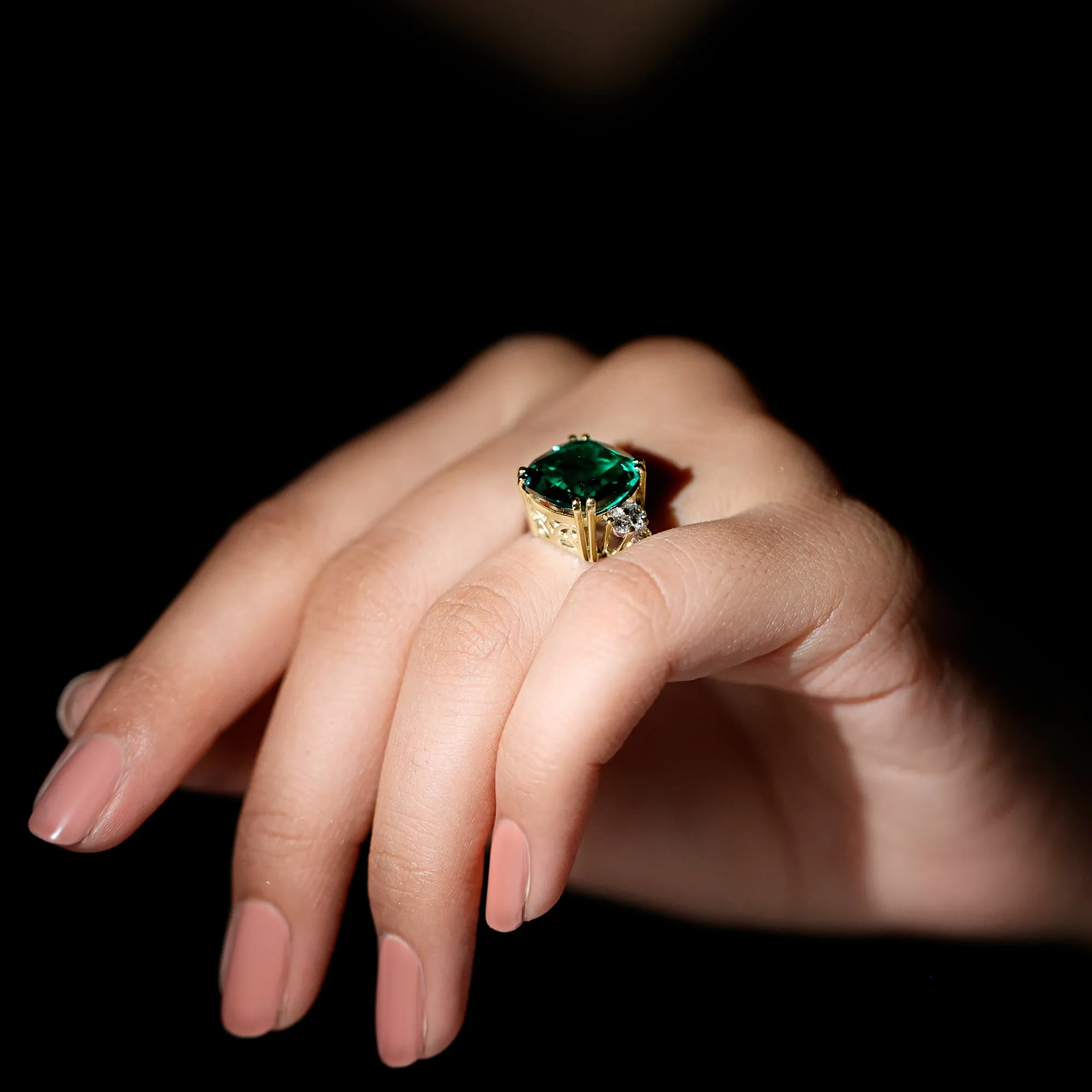 Cushion Cut Created Emerald Engagement Ring with Diamond Trio