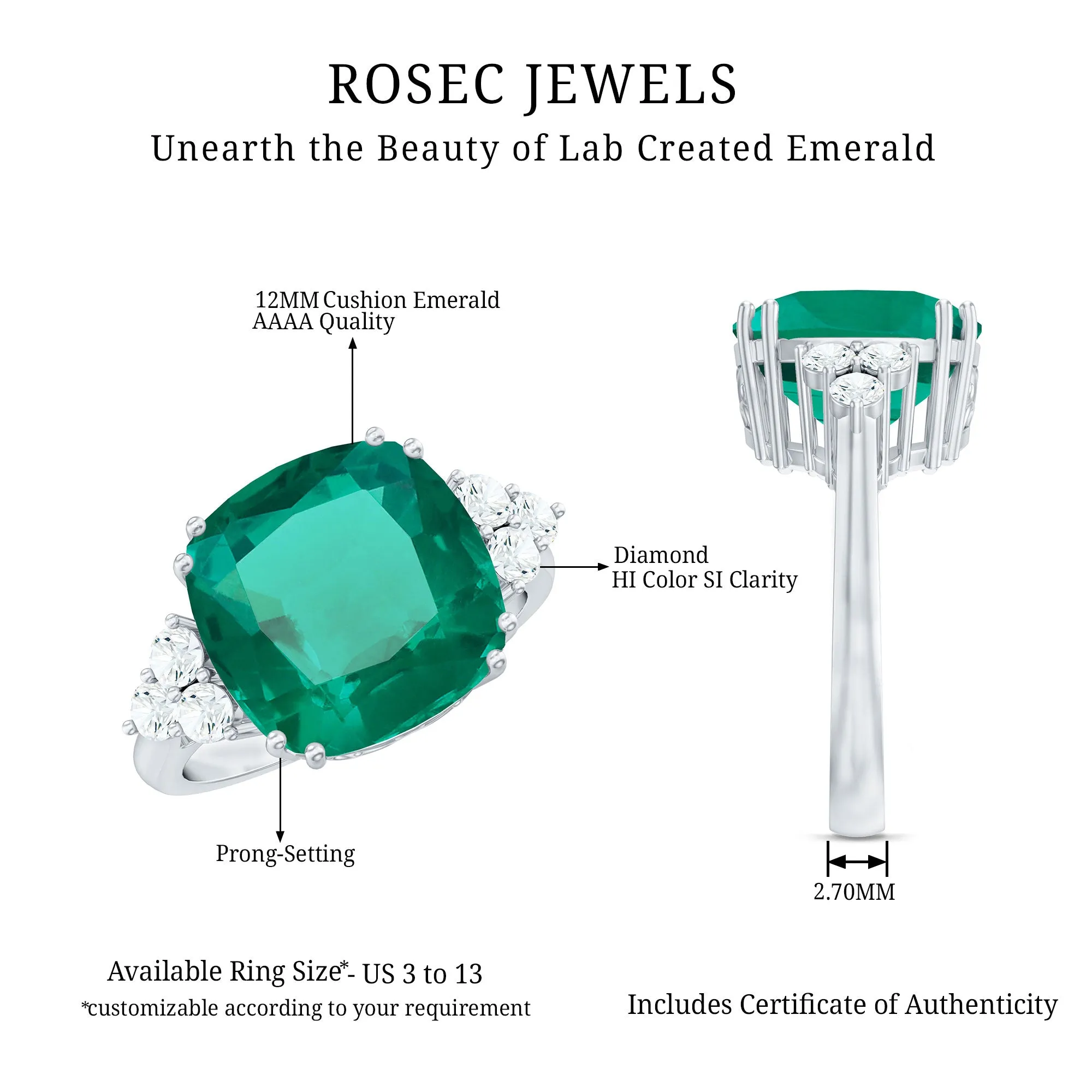 Cushion Cut Created Emerald Engagement Ring with Diamond Trio