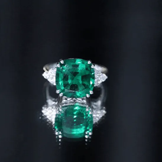 Cushion Cut Created Emerald Engagement Ring with Diamond Trio