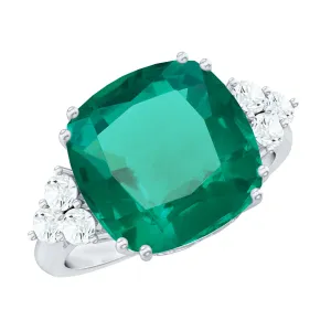 Cushion Cut Created Emerald Engagement Ring with Diamond Trio