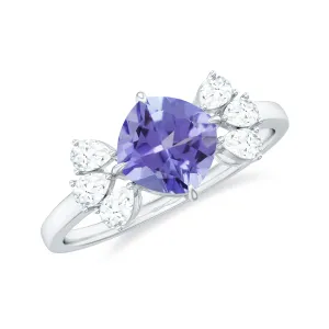 Cushion Shape Tanzanite Solitaire Ring with Diamond Trio