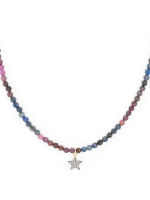 Diamond star and ruby sapphire bead necklace