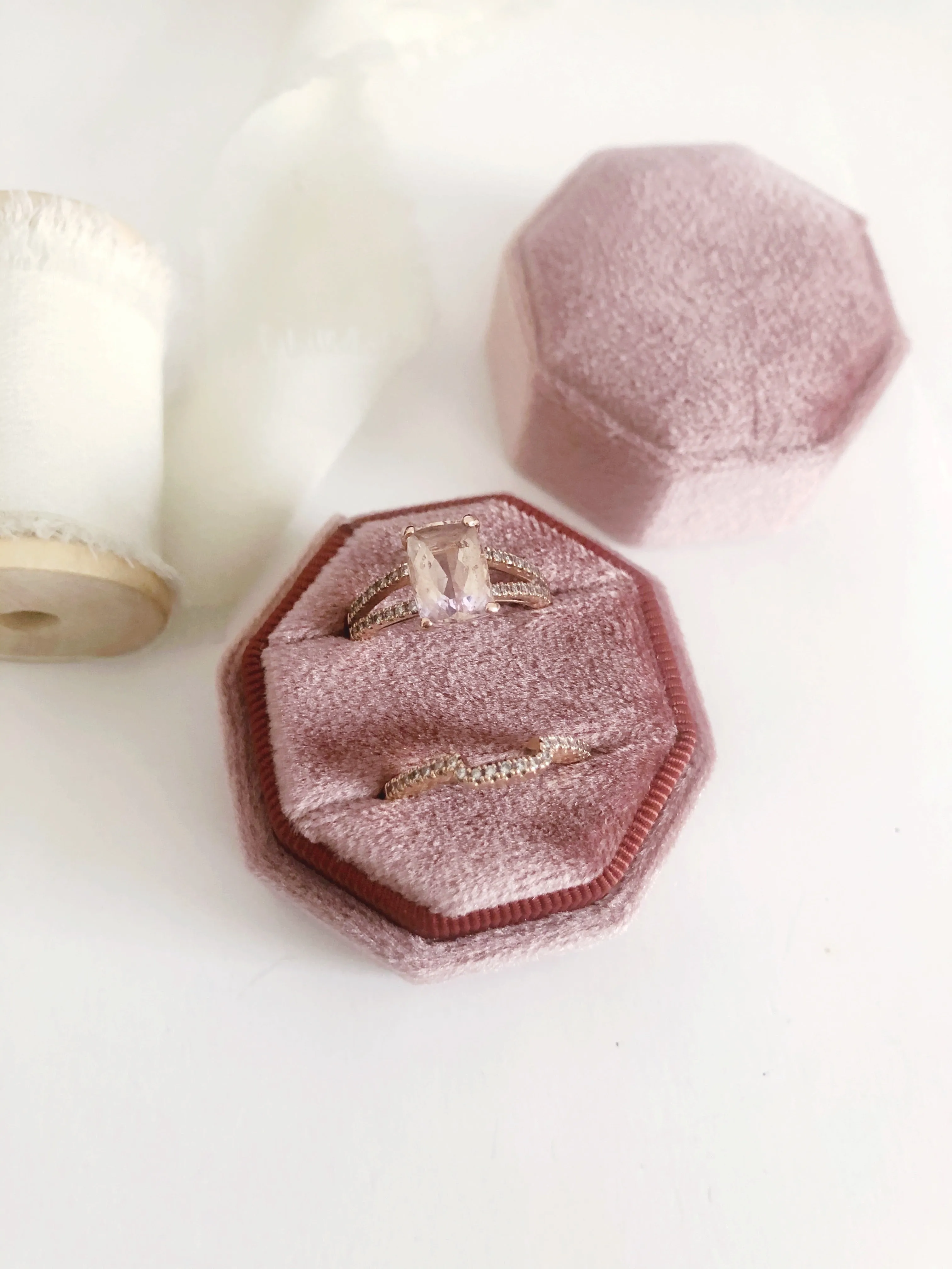 Dusty Rose Velvet Round Octagon Ring Box