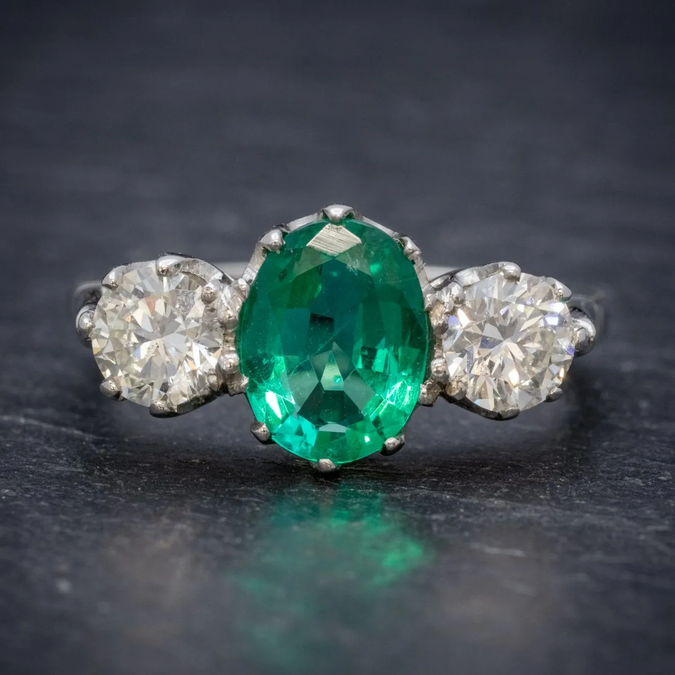 Edwardian Style Emerald Diamond Trilogy Ring Platinum 2.50Ct Natural Emerald Cert