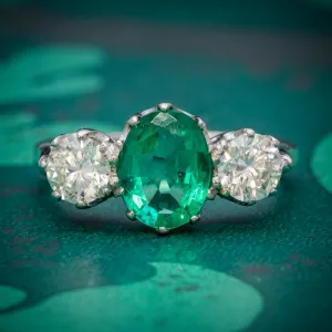 Edwardian Style Emerald Diamond Trilogy Ring Platinum 2.50Ct Natural Emerald Cert