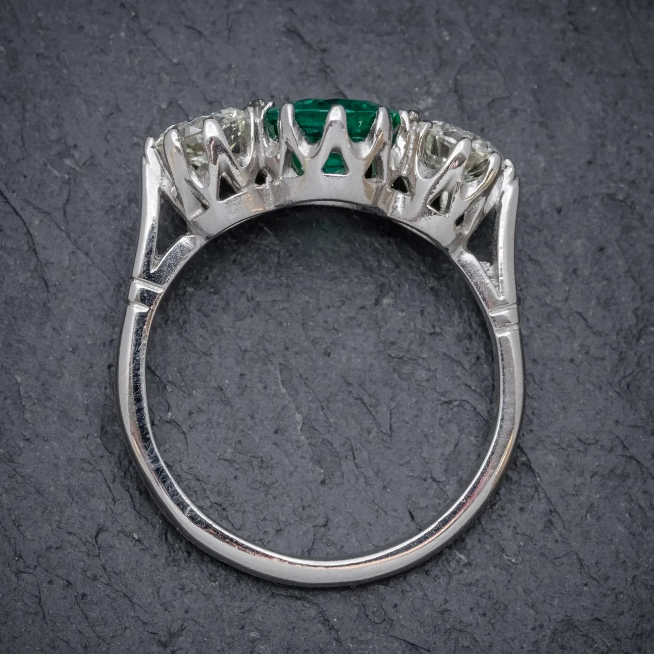 Edwardian Style Emerald Diamond Trilogy Ring Platinum 2.50Ct Natural Emerald Cert