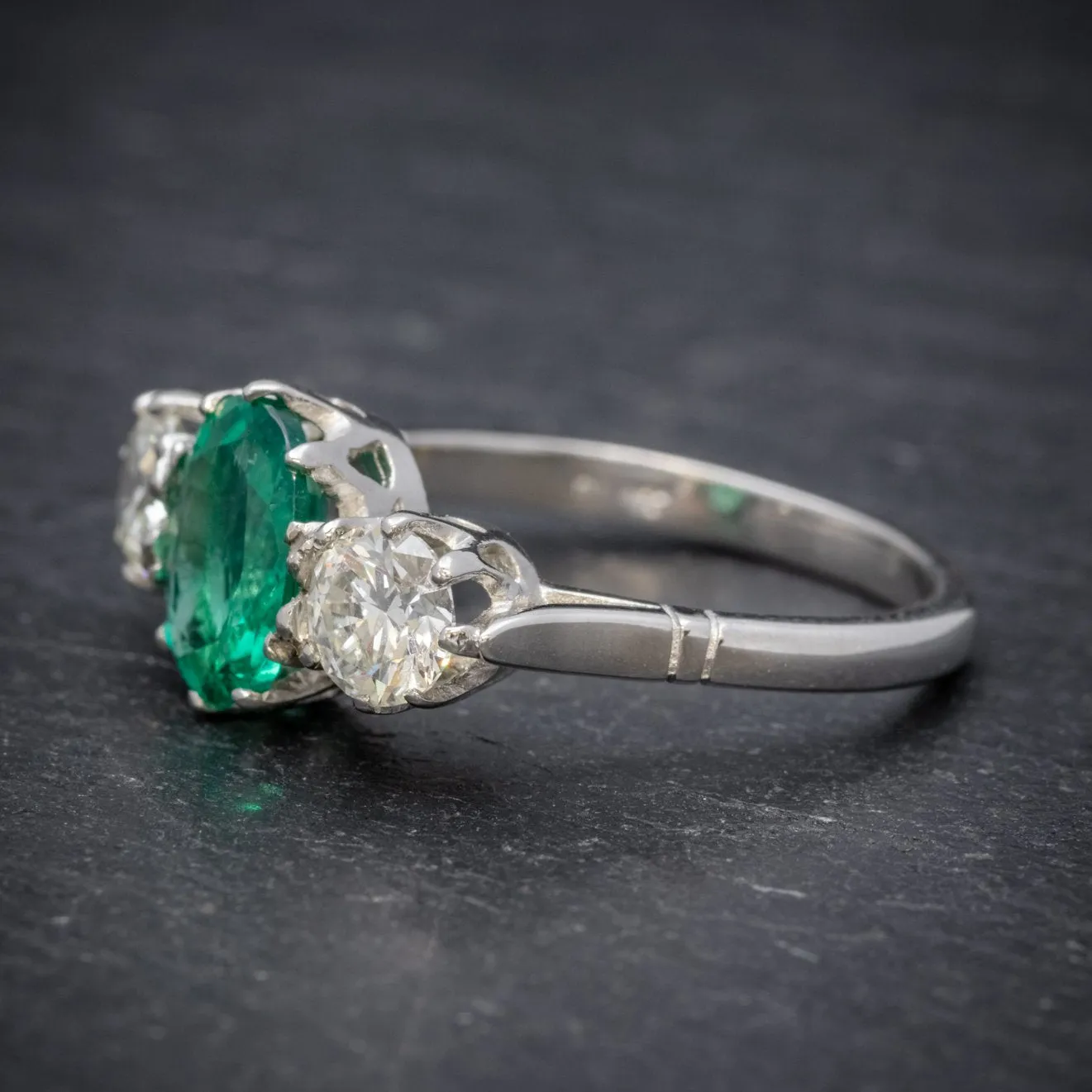 Edwardian Style Emerald Diamond Trilogy Ring Platinum 2.50Ct Natural Emerald Cert