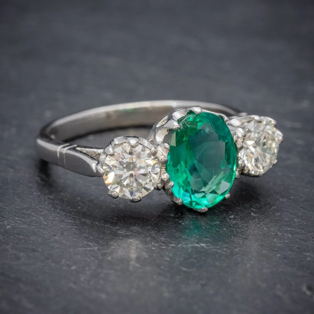 Edwardian Style Emerald Diamond Trilogy Ring Platinum 2.50Ct Natural Emerald Cert