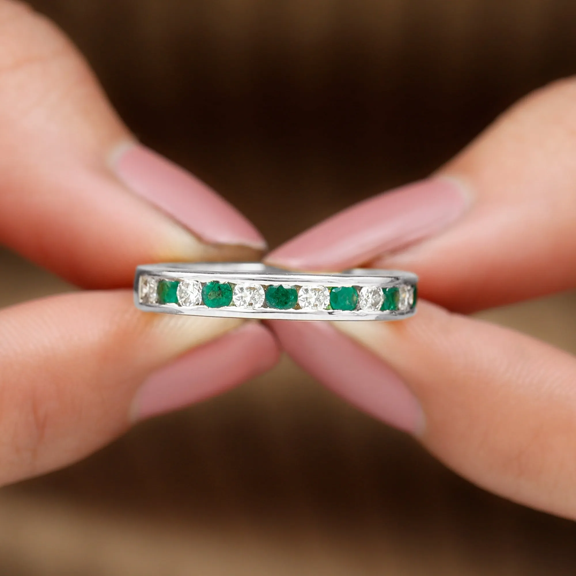 Emerald and Diamond Semi Eternity Band Ring