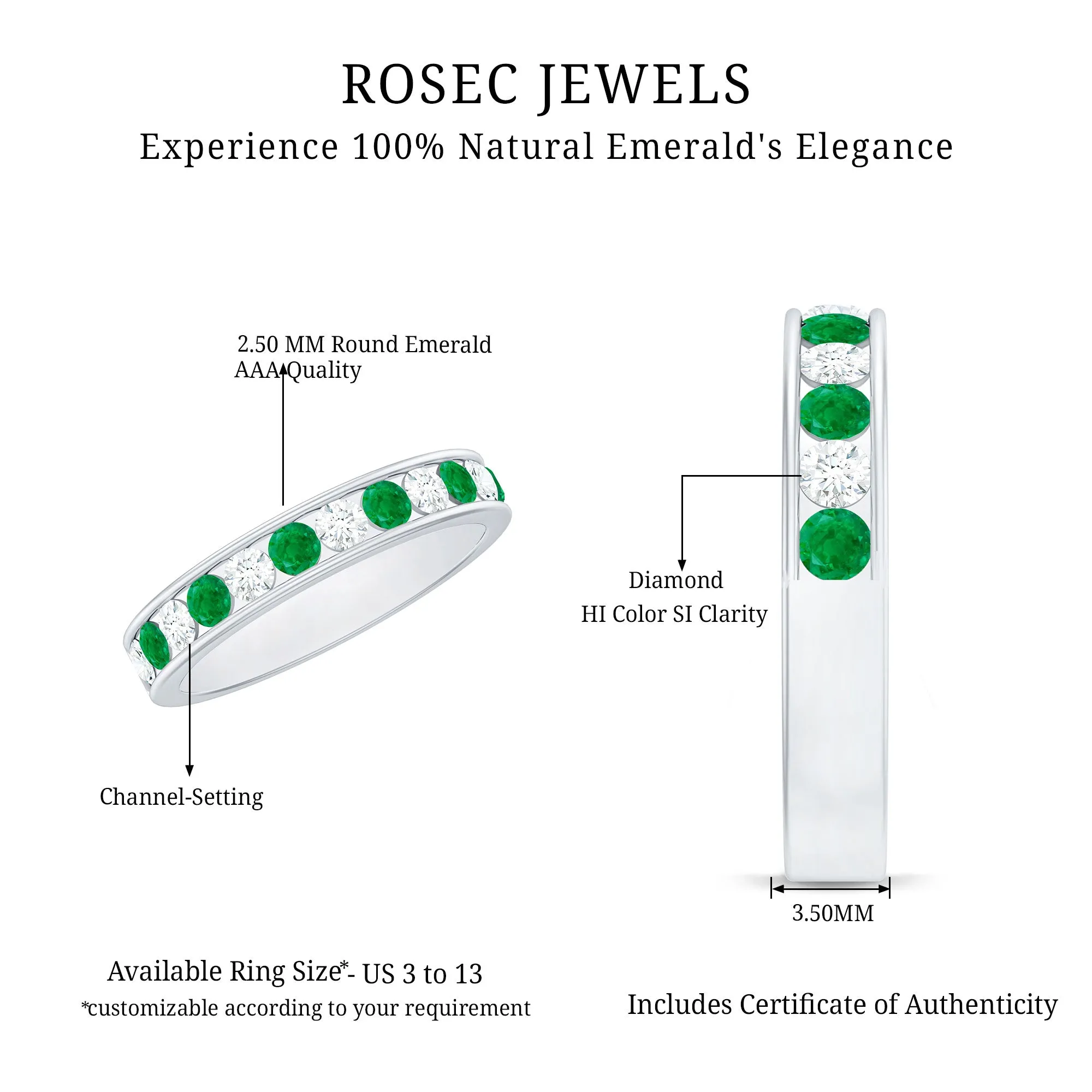 Emerald and Diamond Semi Eternity Band Ring