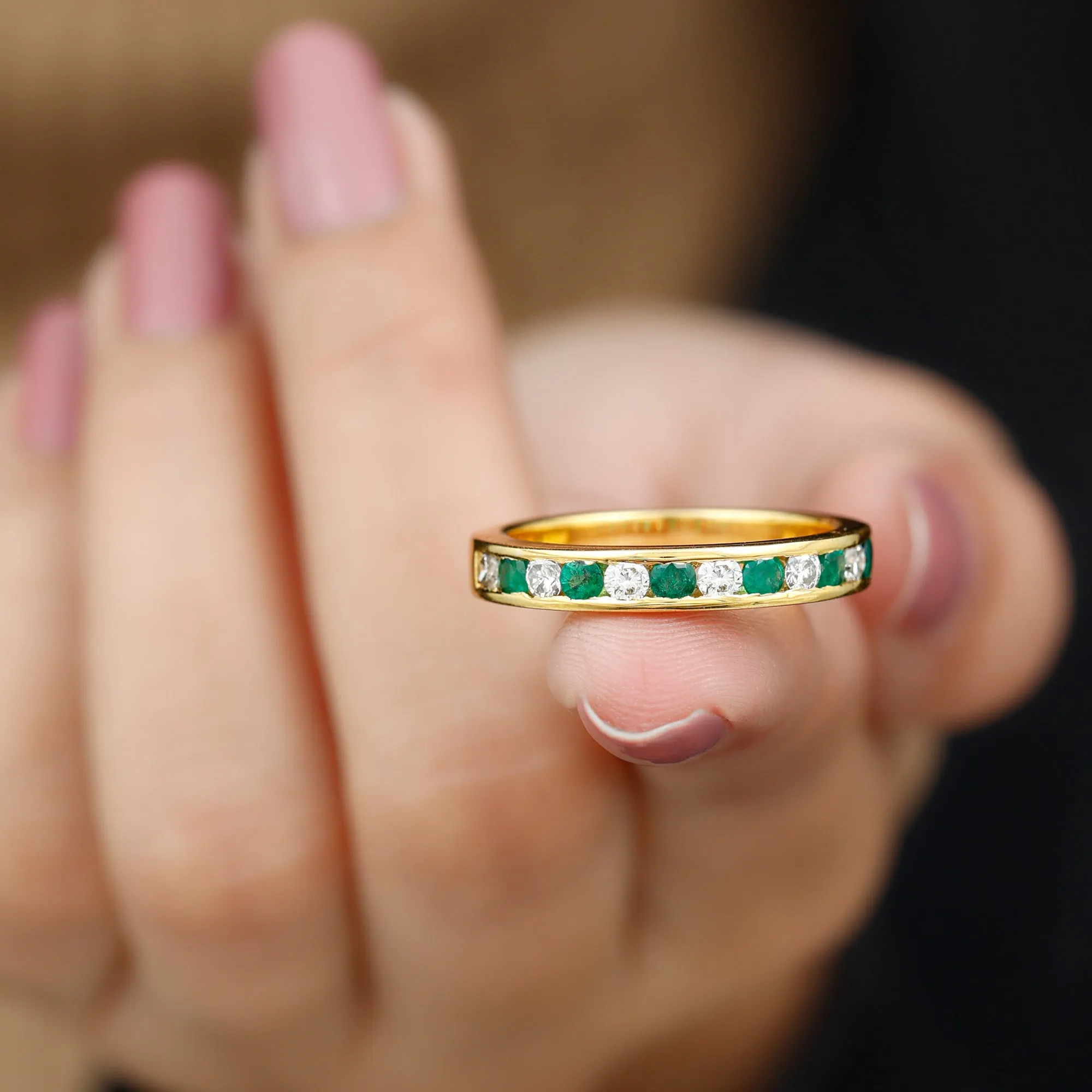 Emerald and Diamond Semi Eternity Band Ring