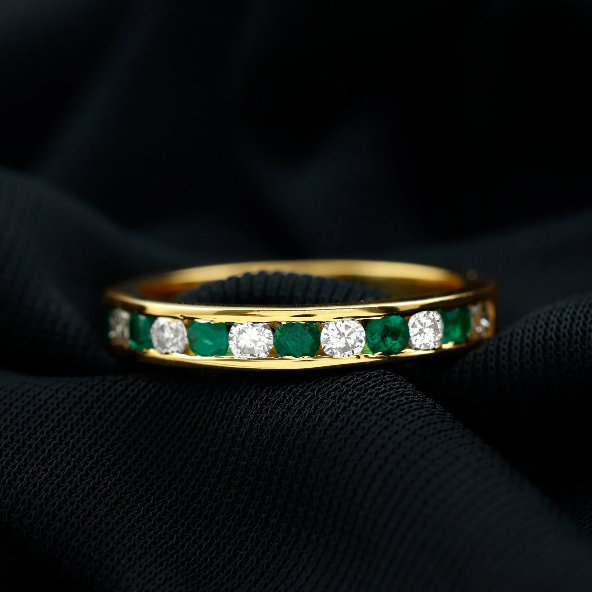 Emerald and Diamond Semi Eternity Band Ring