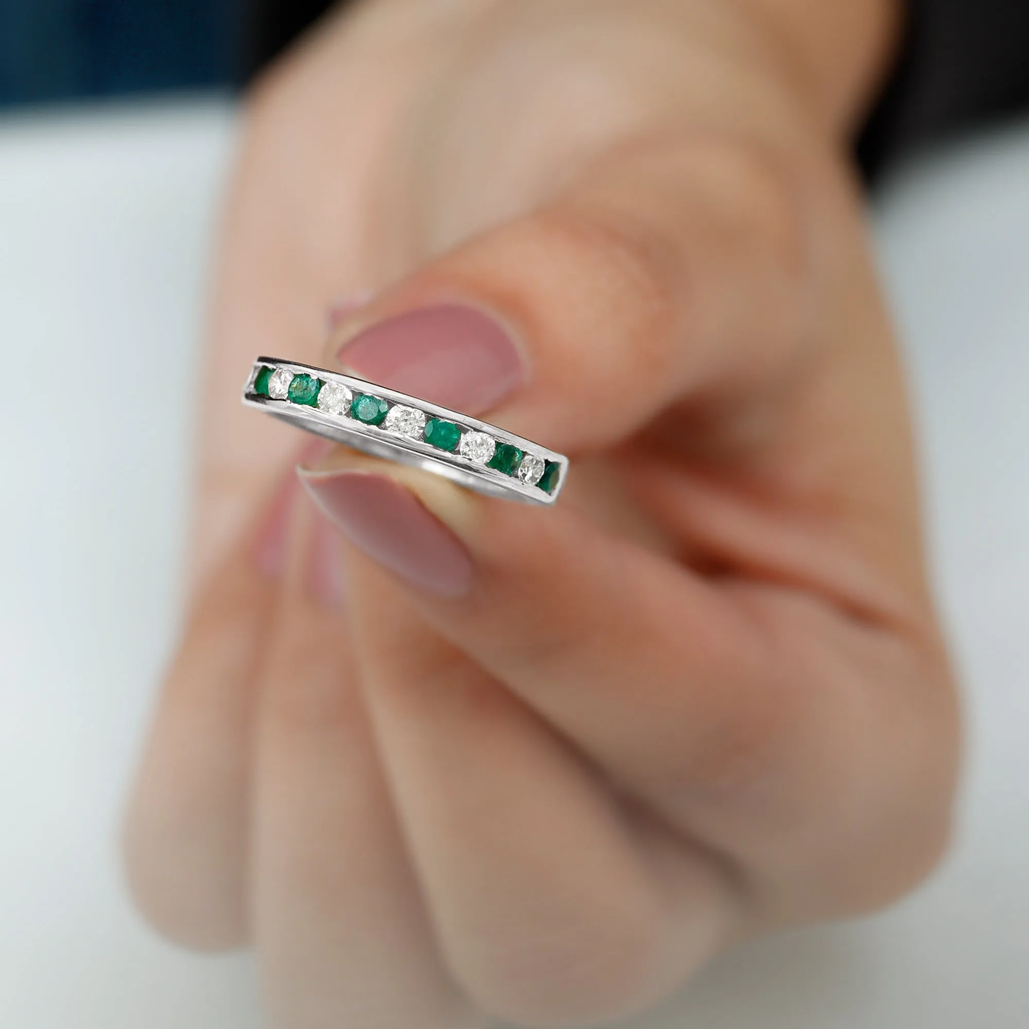 Emerald and Diamond Semi Eternity Band Ring