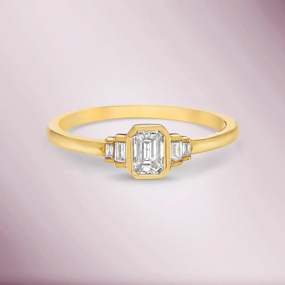 Emerald Cut Diamond & Baguette Ring (0.44 ct.) Bezel Set in 14K Gold