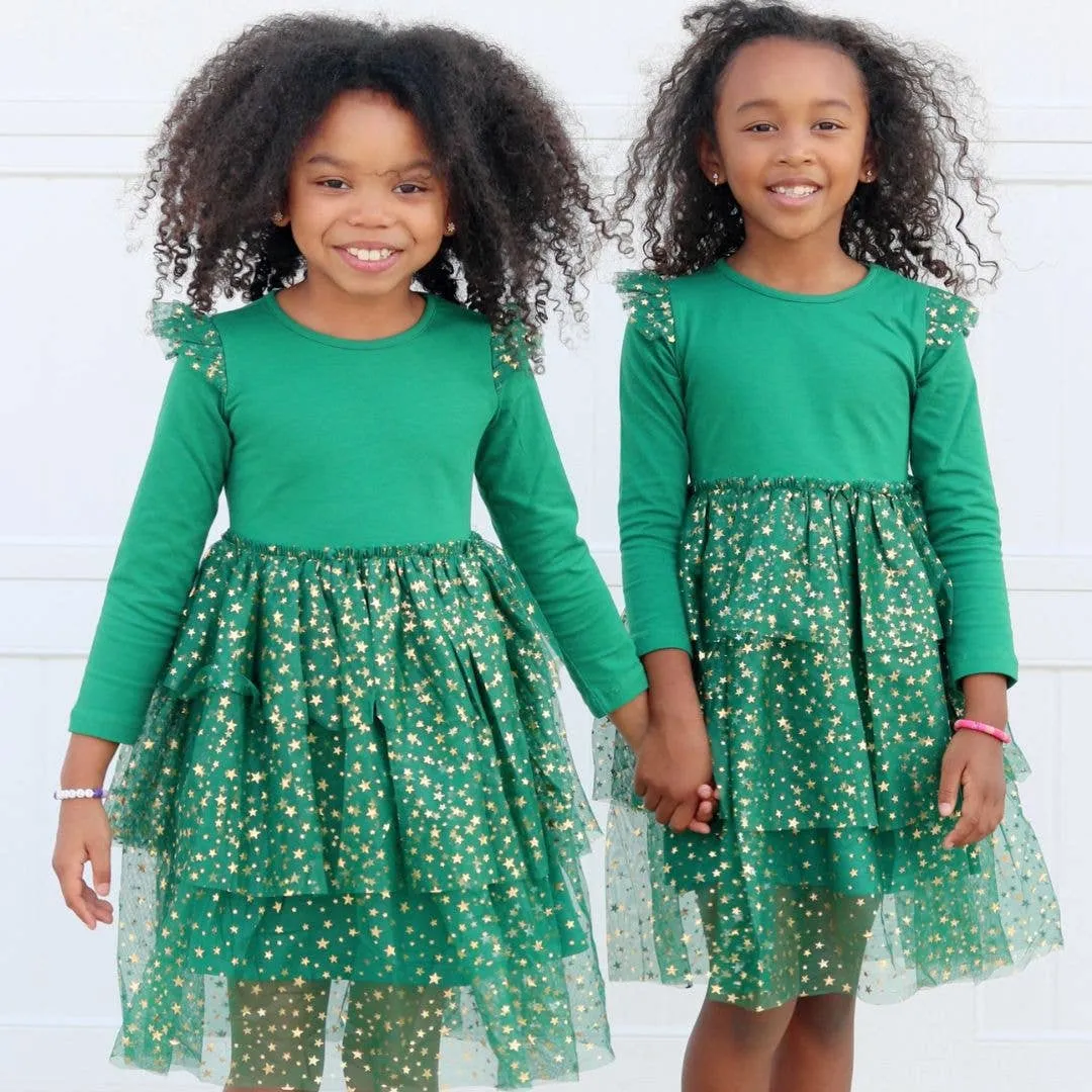 Emerald Shimmer Christmas Long Sleeve Tutu Dress