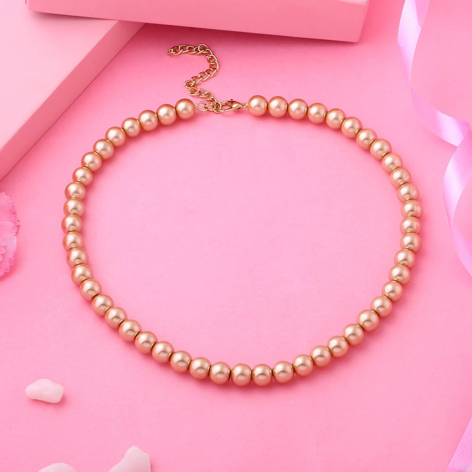 Estele Gold Plated Classic Single Line Gold Pearl Necklace for Women