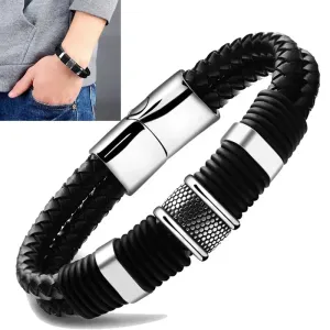 Gentleman Leather Titanium Stainless Steel Braided Clasp Bangle Bracelet for Men and Women Retro Bangles Bracelets Jewelry A  