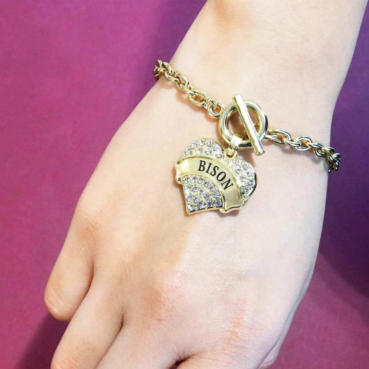 Gold Bison Pave Heart Charm Toggle Bracelet