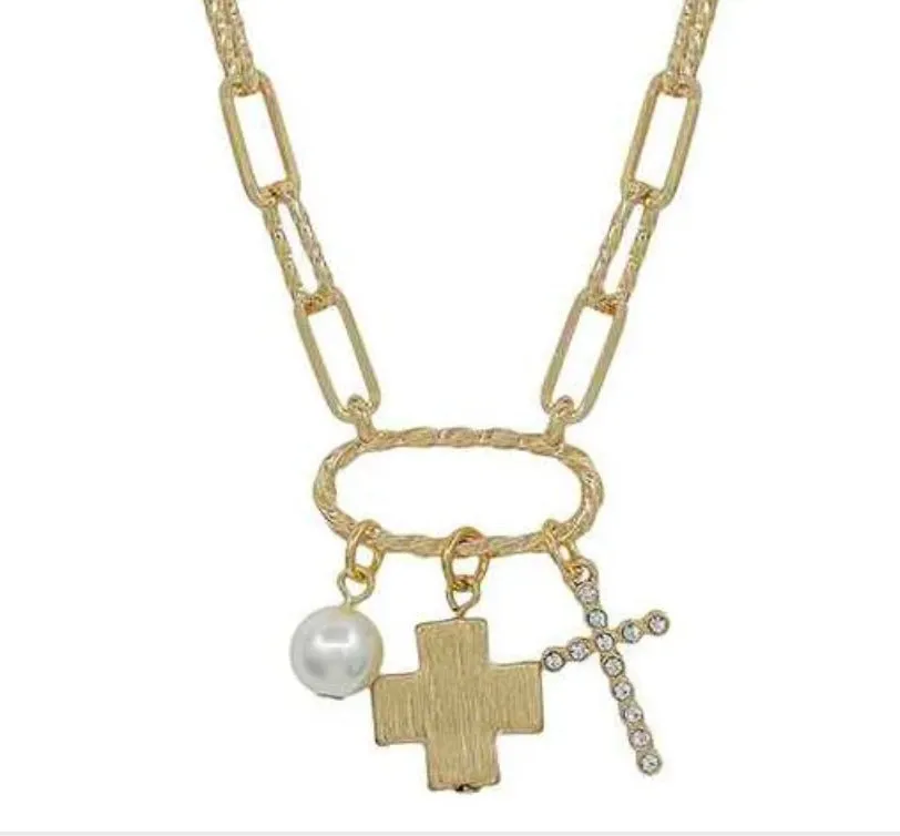 Gold Rhinestone Cross, Gold Cross, and Pearl Charm 16"-18" Necklace