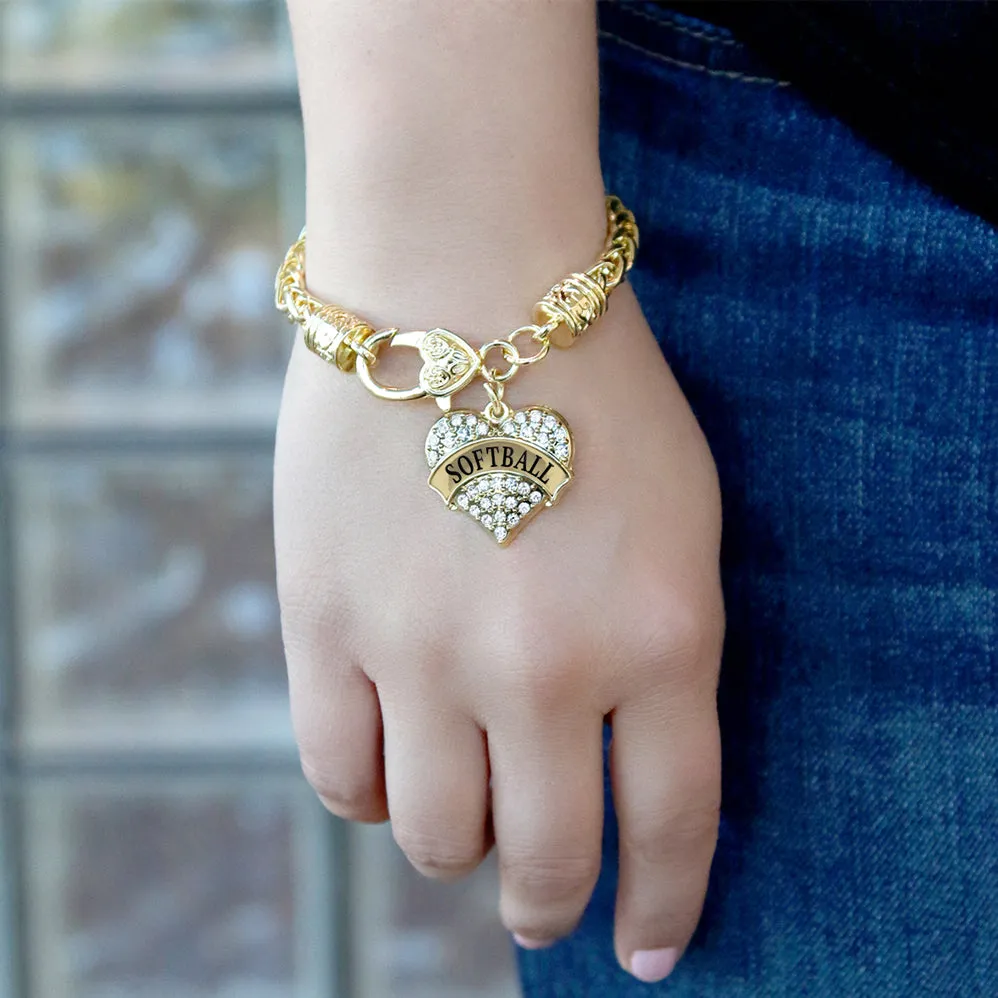 Gold Softball Pave Heart Charm Braided Bracelet