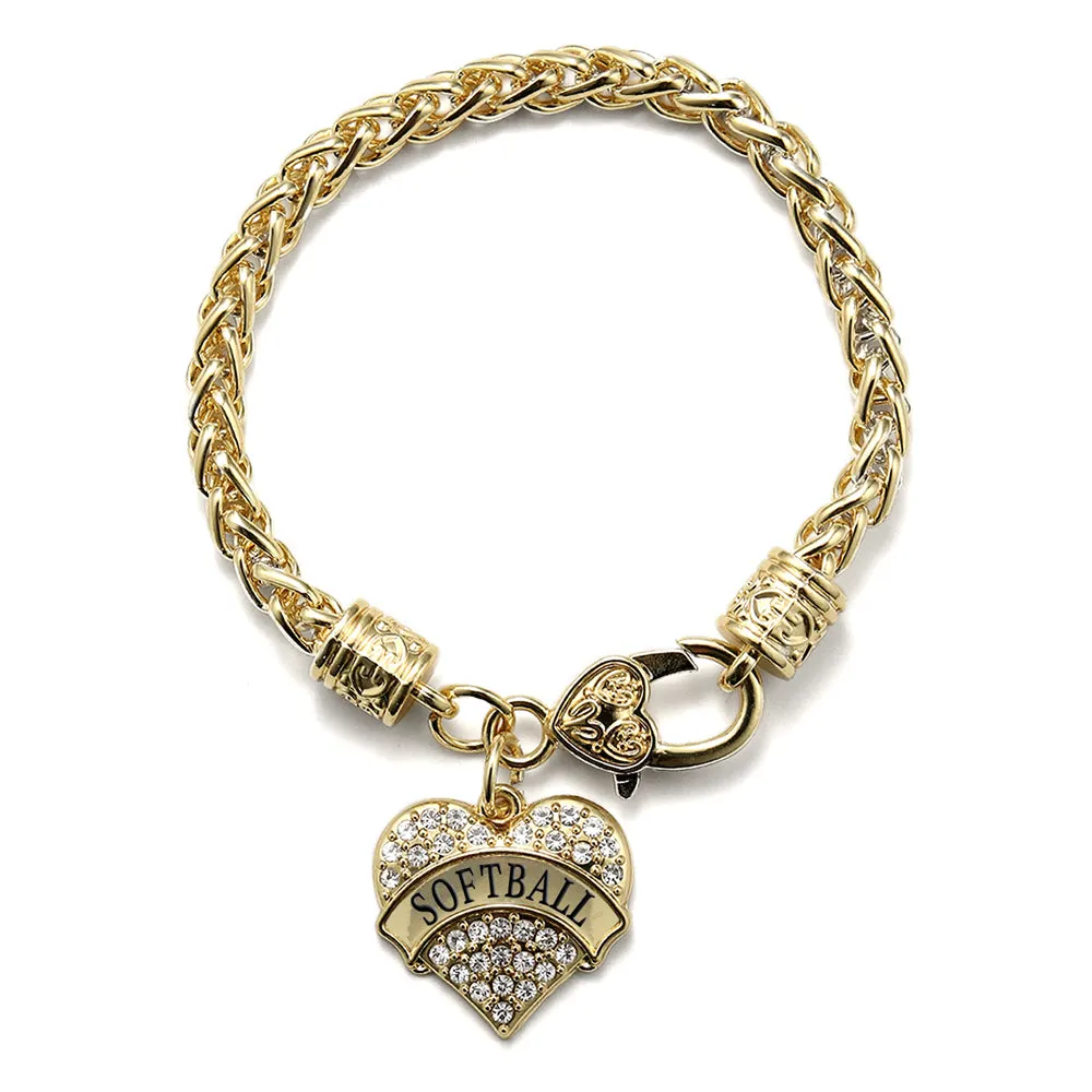 Gold Softball Pave Heart Charm Braided Bracelet