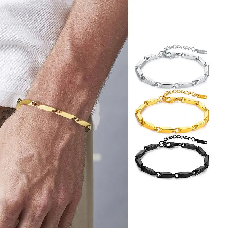 HIYEE Bar Link Thai Baht Bracelet, Gold Black 18 5CM Stainless Steel Gold-Plated Bamboo Bracelet Men's Jewelry, Men's Gift