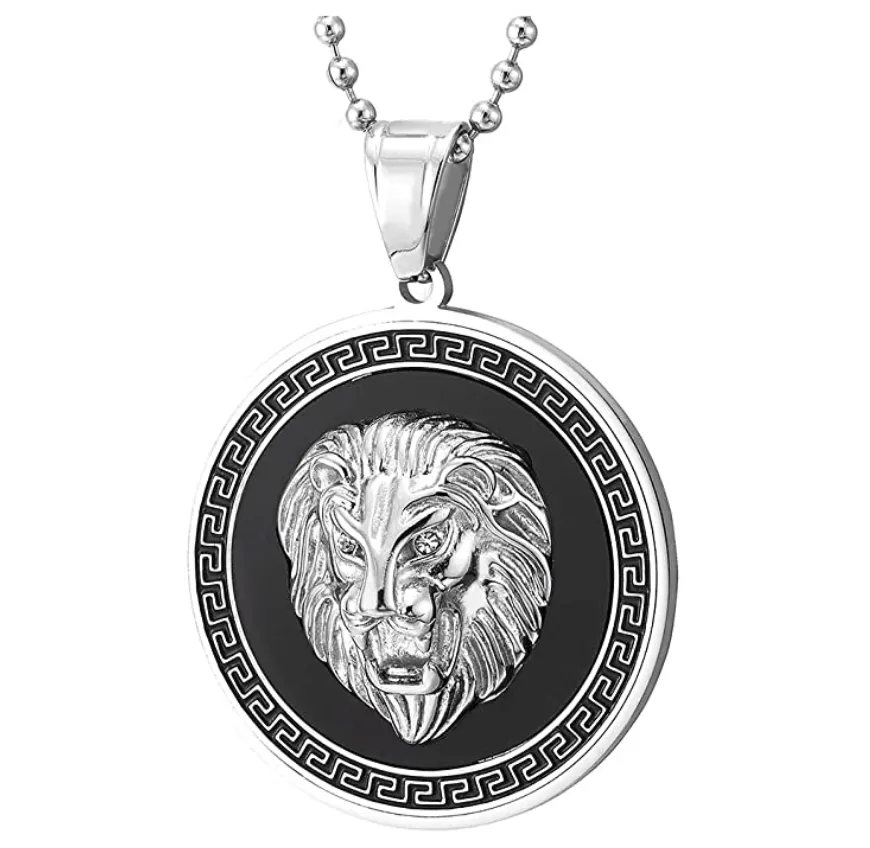 Lion Medallion Necklace African Lion Head Chain Simulated Diamond Judah Lion Leo Jewelry Hebrew Roaring Gold Silver Color Metal Alloy Lion Chain 30in.