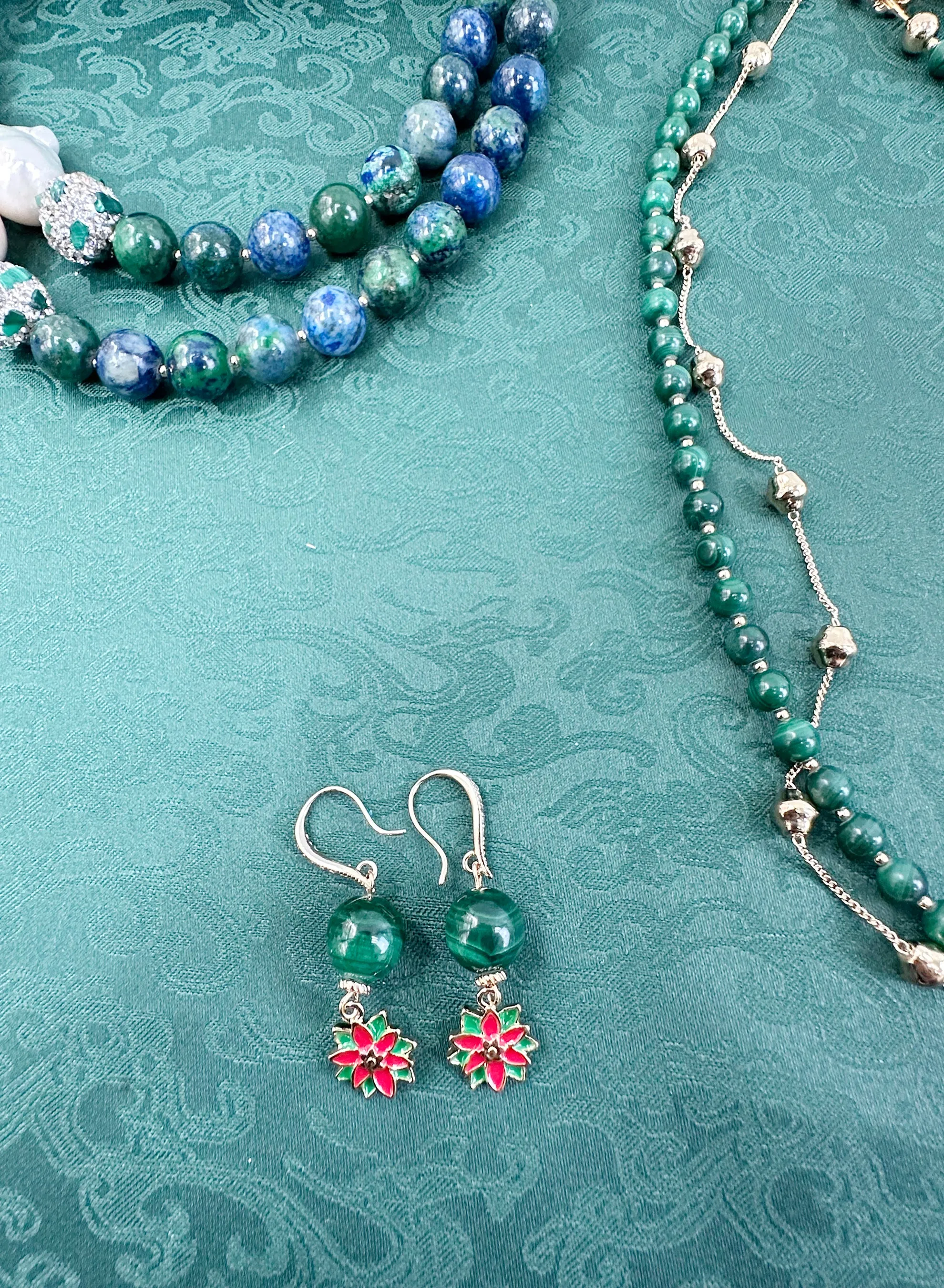 Malachite With X'mas Flower Dangle Earrings KE012