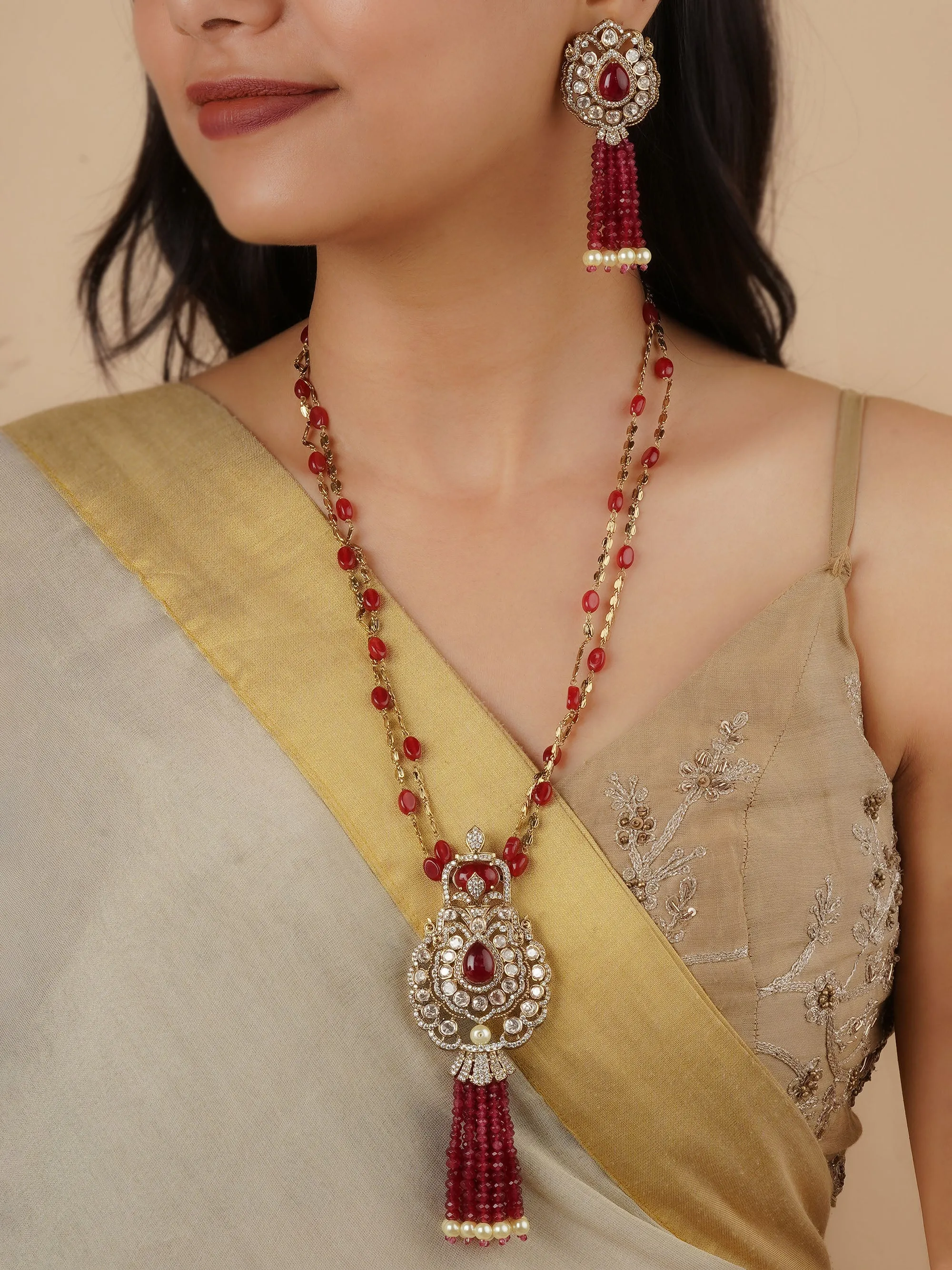 Maroon Color Gold Plated Faux Polki Necklace Set - PK-S139P