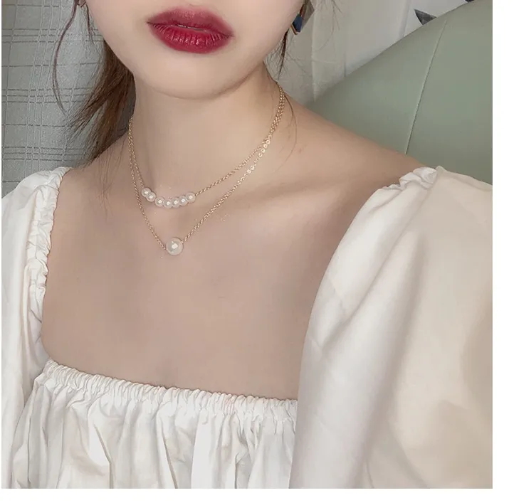 Metal Double-layer Pearl Clavicle Chain Shows Thin Temperament Korean Ins Style