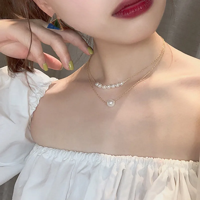 Metal Double-layer Pearl Clavicle Chain Shows Thin Temperament Korean Ins Style