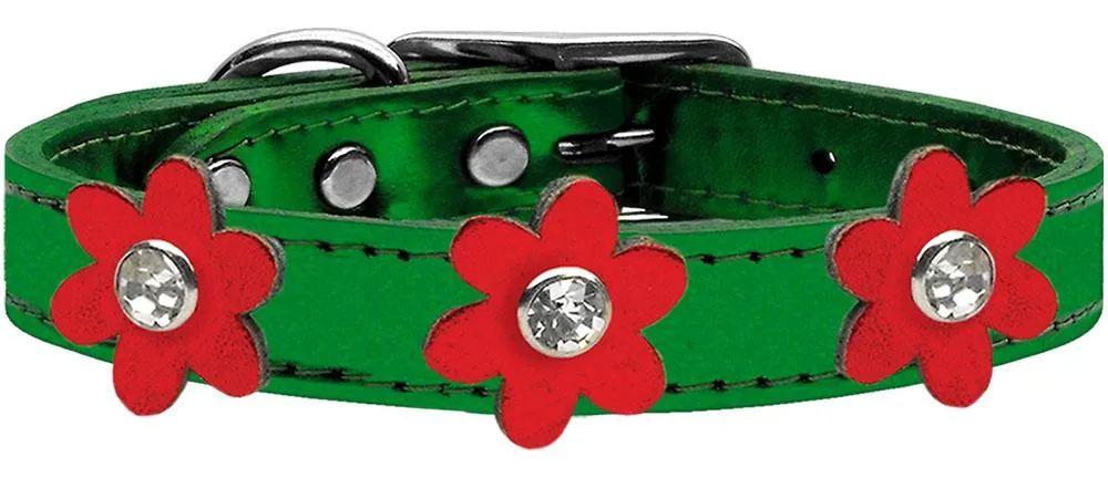 Metallic Flower Leather Collar Metallic Emerald Green With Metallic Red Flowers Size 24