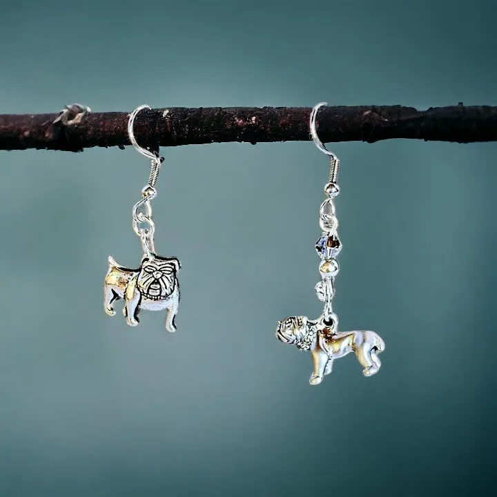 Mismatched English Bulldog crystal hook earrings