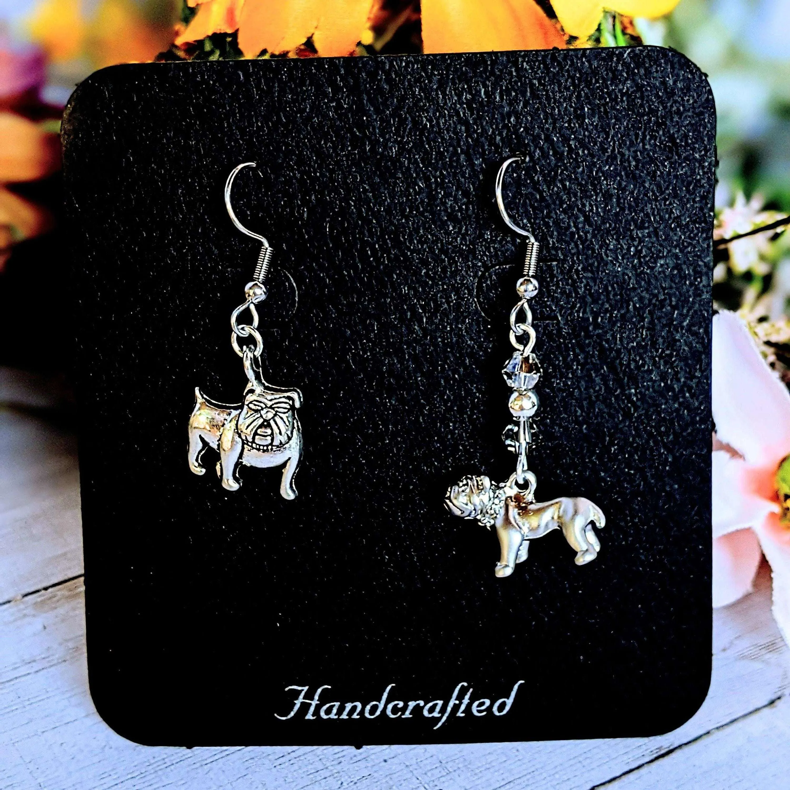 Mismatched English Bulldog crystal hook earrings