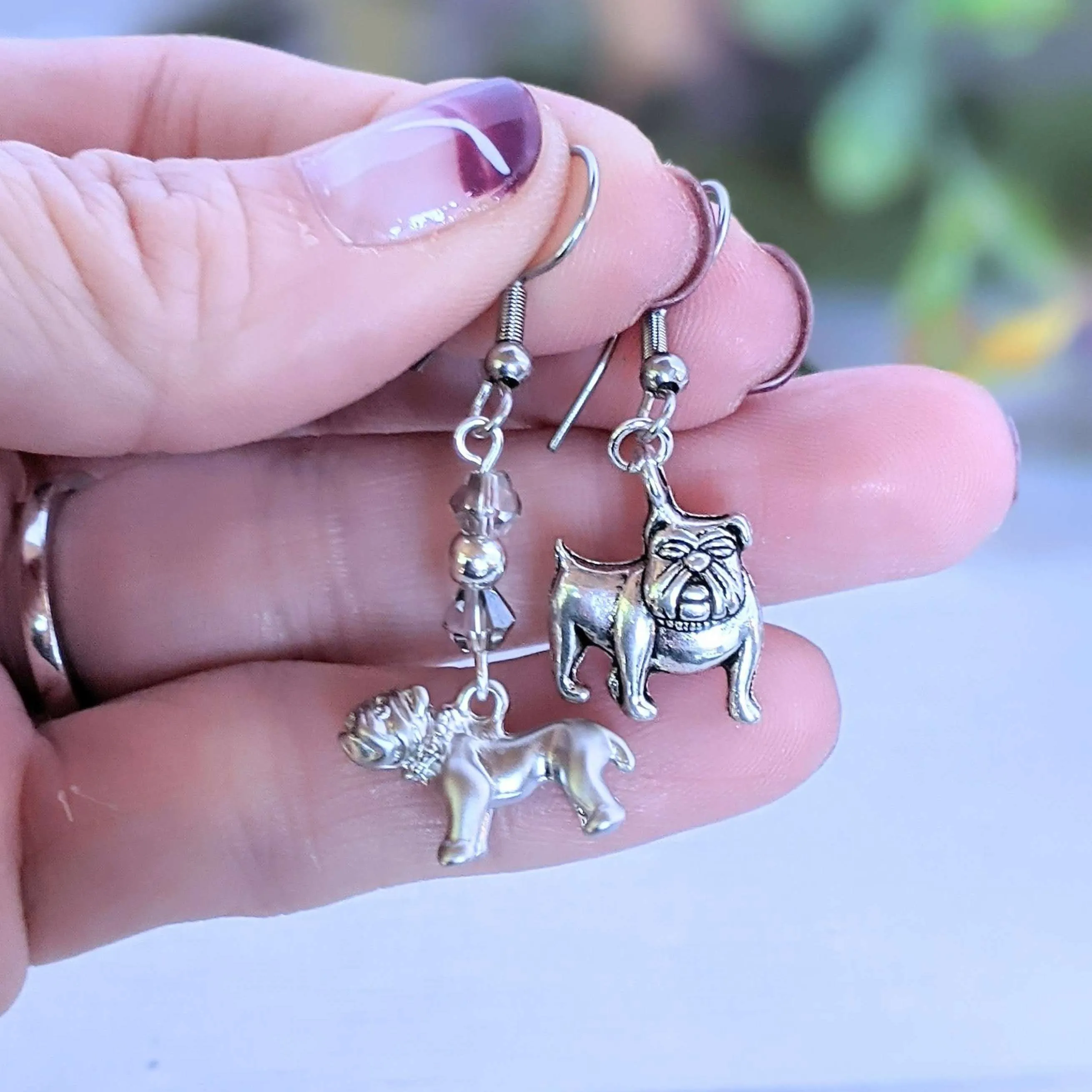 Mismatched English Bulldog crystal hook earrings