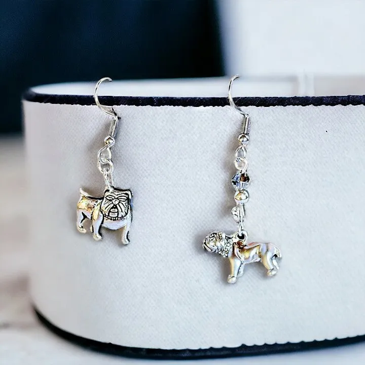 Mismatched English Bulldog crystal hook earrings