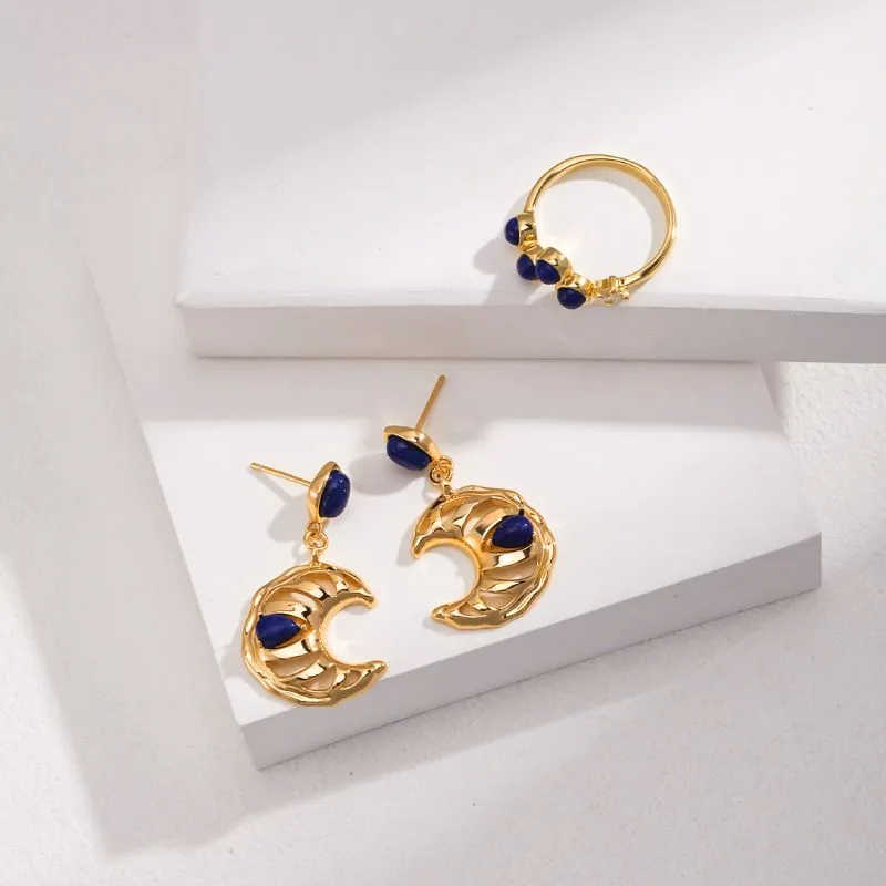 Moon Eyes  Lapis Stud Earrings with-Gold Vermeil